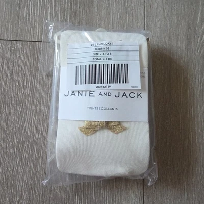 Janie and Jack Girls Bow Tights Size 4 To 5 White / Gold - Image 1 of 2