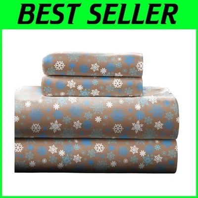 Snow Flakes/Tan King Flannel Sheets - Warm & Cozy - 170 GSM - Image 1 of 4