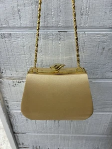 Jessica McClintock Gold Satin Metall Clutch Schultertasche Kette Riemen/#Abschlussball - Bild 1 von 5