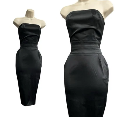 MANGO Black Dress Size 12 Classic Satin Strapless Xmas Party Wiggle Pencil MNG - Image 1 of 4