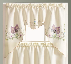 GOHD Dancing Butterfly. 3Pcs Multi-Color Embroidery Cafe Curtain Set/Swag & Tier - Picture 1 of 12