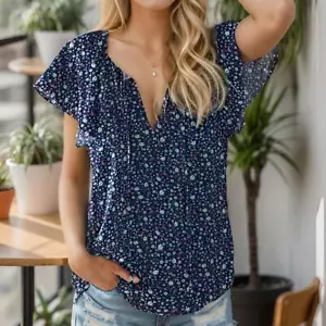 Womens Casual Short Sleeve Shirts V Neck Blouses Drawstring Ruffled Boho T Shirt - Picture 1 of 13