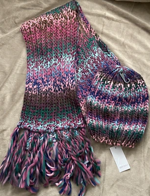LANE BRYANT ~ NWT Winter SCARF & BEANIE Purple Pink Aqua Acrylic CHUNKY KNIT New - Image 1 of 4