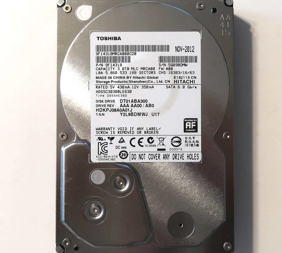 Toshiba HDS5C3030BLE630 9F14318 MRCAB0 DT01ABA300 HDKPJ08A0A01J 3TB NOV-2012 - Image 1 of 1