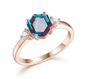 Alexandrite Rings Promise Rings Hexagon Cut Silver Rings June Birthstone Color - Picture 1 of 3