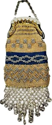 Hermoso Monedero Antiguo Crochet Cuentas Metal Cierre Miniatura Retícula 4"x3" Foto 1 de 4