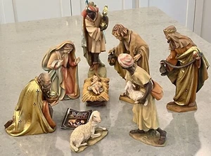8 PC ANRI Ulrich Bernardi Hand Carved Wood Italy Nativity Set 8" Series - Picture 1 of 24
