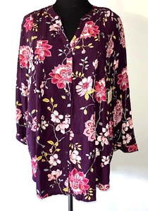 St Johns Bay Womens Floral Button Tunic Top 2XL Purple V Neck Bloomcore Vacation - Picture 1 of 7