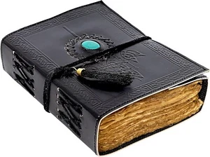 Vintage Antique Handmade Leather Journal Deckle Edge Paper Stone Diary Notebook - Picture 1 of 7