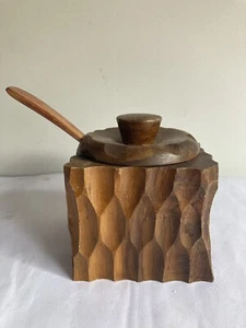 Hand Carved wooden Conserve Sugar jam pot Jar Spoon Wood Mid Century Rustic - Picture 1 of 8