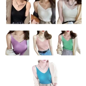 Women Spaghetti Strap V-Neck Camisole Twist Cable Knit Solid Sleeveless Crop Top - Picture 1 of 14