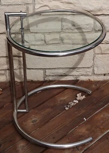 VINTAGE MCM EILEEN GRAY STYLE ADJUSTABLE SIDE TABLE MODEL E1027 CHROME AND GLASS - Picture 1 of 14