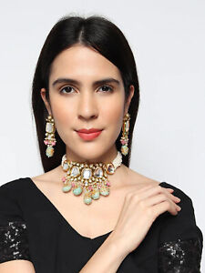 Indian Kundan Choker Necklace Set Bollywood Gold Plated Bridal Pearl Jewelry