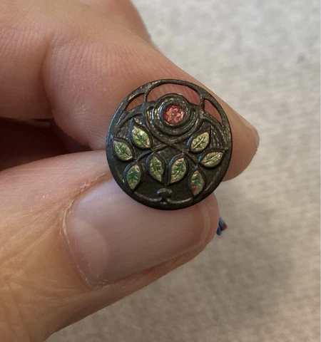 Fabulous Antique White Metal/Silver Button With Bass Taille Enamel Cover