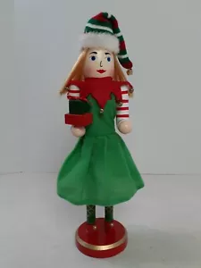 Girl Elf Christmas Wooden Nutcracker 14.5" Holiday Elf Holding Gifts Nantucket - Picture 1 of 8
