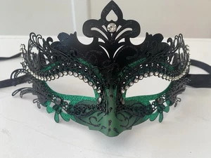 Venetian Style Mask Green & Black Masquerade Mask Rhinestones, Glitter – VGC - Picture 1 of 6