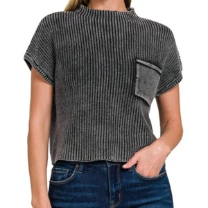 Maglione Leela & Lavanda Nero Talk It Over Collo Finto a Costine Top Piccolo - Foto 1 di 6