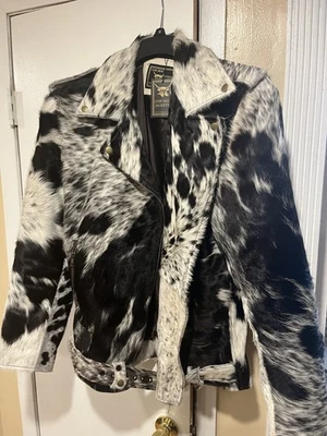 Mens Cowhide Leather Jacket Real Hair-on Animal Print Western Coat All Sizes - Image 1 of 4