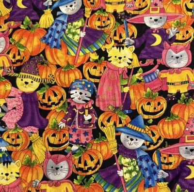 David Textiles Fabric Colorful Halloween Cats In Costumes Pumpkins 36 x 44” - Image 1 of 3