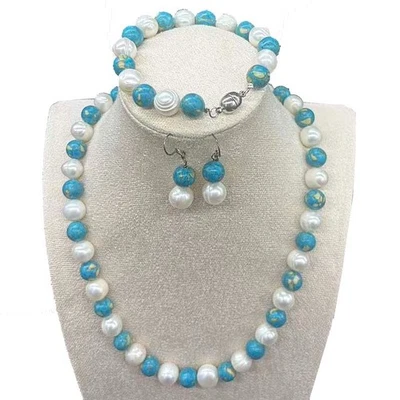 Genuino Conjunto de Joyería de Piedra Azul Perla de Agua Dulce - Collar Pulsera Pendientes Foto 1 de 4