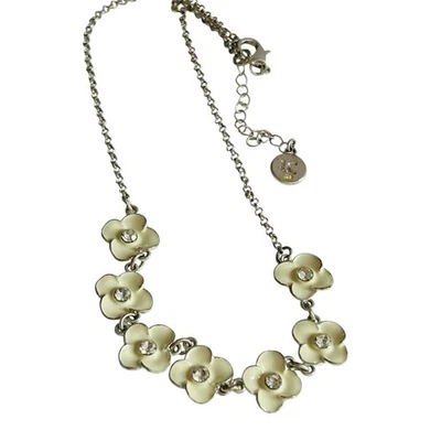 Collar Extensor Vintage Liz Claiborne Blanco Crema Esmalte Floral Plata 18" Foto 1 de 4