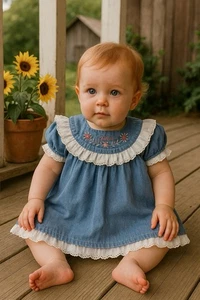 Vintage OshKosh B’Gosh Chambray Denim Lace Eyelet Dress—18M Made in USA - Picture 1 of 7