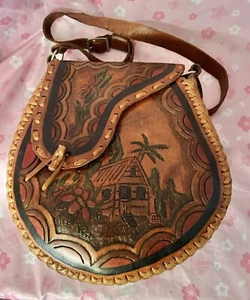 Vintage geprägte Lederhandtasche Handtasche - Tropical Beach House HANDARBEIT - Bild 1 von 7