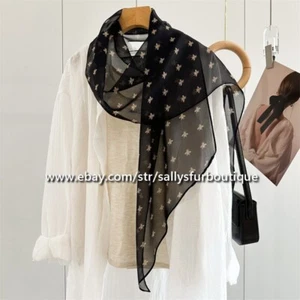 Sallys Boutique 100% Silk Chiffon Shawl Bees Print Neckerchief Oblong Scarf - Picture 1 of 12