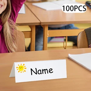 100Pcs White Reable Name Tent Cards Dry Erase Wipe Clean Desk Name Tags New - Picture 1 of 12