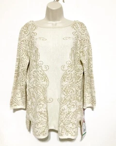 Ruby Road. L Strickpullover "Winter Weiß Gold" Tunika Creme Gold 3/4 Arm Urlaub - Bild 1 von 9