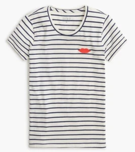 J.Crew Embroidered Smooch Lips Collector Cotton Blue White Striped Tee Large - Bild 1 von 7