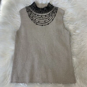 Grace Elements Womens Gold Sparkle Sleeveless Top Silk Blend Black Beaded Large - Picture 1 of 5