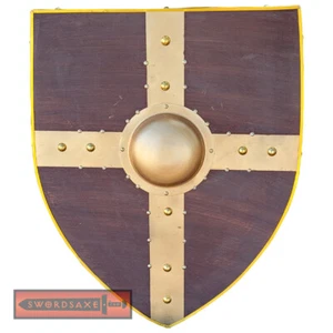 Royal Norse Odin Ragnar Wooden Viking Raider Kite Shield Iron Boss Cross Gold - Picture 1 of 2