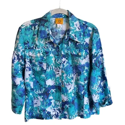 Ruby Rd. 3/4 Sleeve Linen Button Up Print Jacket in Blue/Green/White - Size S - Image 1 of 4