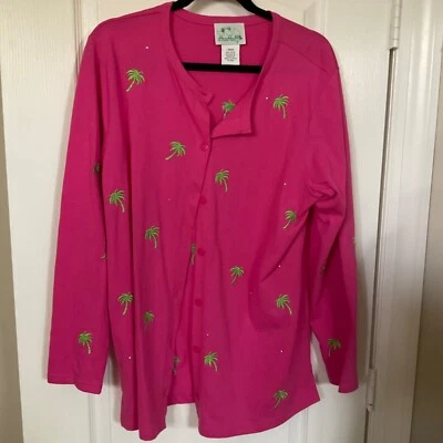 Cárdigan The Quacker Factory 100% algodón magenta con palmeras verdes talla grande Foto 1 de 4