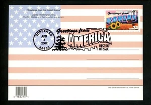 US FDC 2002 Greetings America #3576 Kansas KS Flag Map Large Letter Postcard - Picture 1 of 2