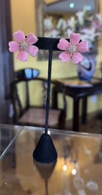 18k Pink Mother of Pearl Flower Earrings with Diamonds, (can be clips and posts) - Image 1 of 4