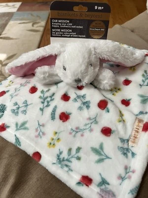 Blanket Beyond SECURITY BUNNY RABBIT PINK FAUX FUR HEAD EARS ARMS CHERRIES WHITE - Image 1 of 4