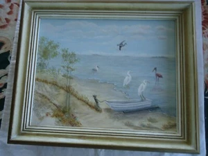 Riki Pfeiffer Original Acryl Gemälde Löffelschnabel Reiher Pelikan gerahmt  - Bild 1 von 7