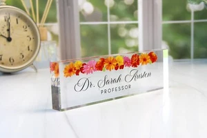 Personalized Clear Acrylic Glass Name Plate Plaque for Desk Daisy Decor CAB05FW - Picture 1 of 8