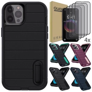 For iPhone 12 Pro Max/12 Pro/12 Heavy Duty Kickstand Case Cover / Tempered Glass - Picture 1 of 38