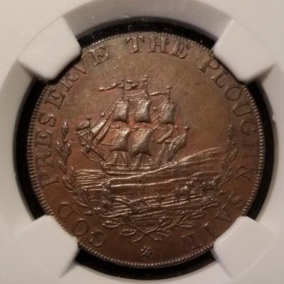 1790's GREAT BRITAIN 1/2 PENNY D&H-34 SUFFOLK-IPSWICH ROBERT MANN NGC MS 62 BN - Image 1 of 4