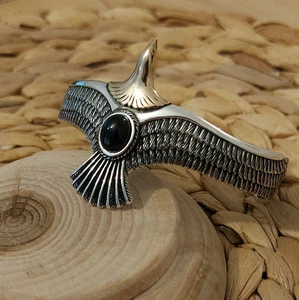 Pulsera de águila de plata 925 con ónix negro, brazalete ajustable hecho a mano para hombre - Imagen 1 de 7