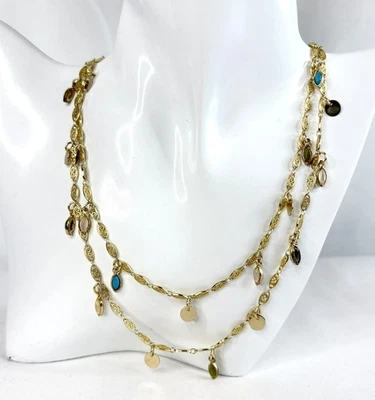 Gold Tone Two Layer Necklace Turquoise White Green Gold Coin Charms 16”-19” Long - Image 1 of 4