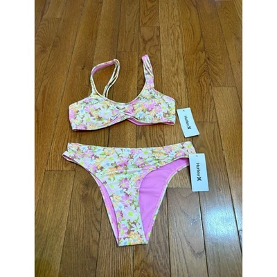 Hurley Floral Twist Front Bikini Top & High Waist Bottom Set Medium Pink Multi - Image 1 of 4