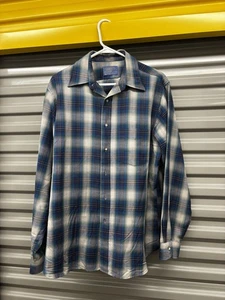 Vintage Pendleton Schurwolle Flanell Hemd mit Knopfleiste Herren L blau grün kariert - Bild 1 von 8