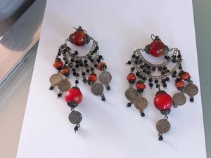 Vintage Afghan Faux Amber Coin Earrings Ethnic Tribe Kuchi Belly Dance Old Used - Picture 1 of 17