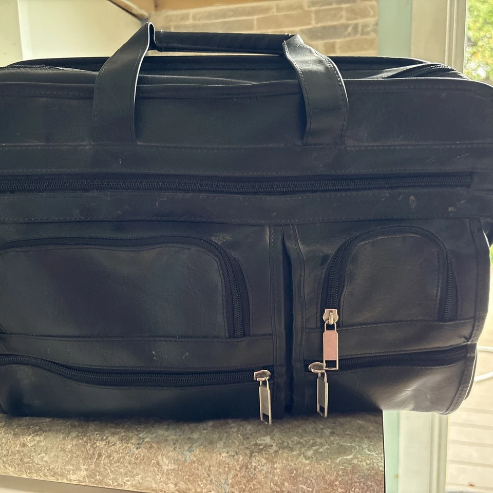 Black  Leather Carrying Bag With 6 Compartments And Shoulder Strap — 第 1/4 张图片