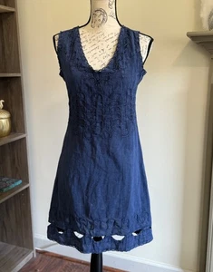 Mini Vestido Perú Azul Marino Cuello en V Boho Sin Mangas Algodón Pequeño Azul Marino Costero Casua - Imagen 1 de 11