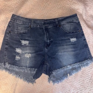 Women Size L High Rise Stretch Denim Jean Shorts Fringe Distressed Unbranded - Picture 1 of 5